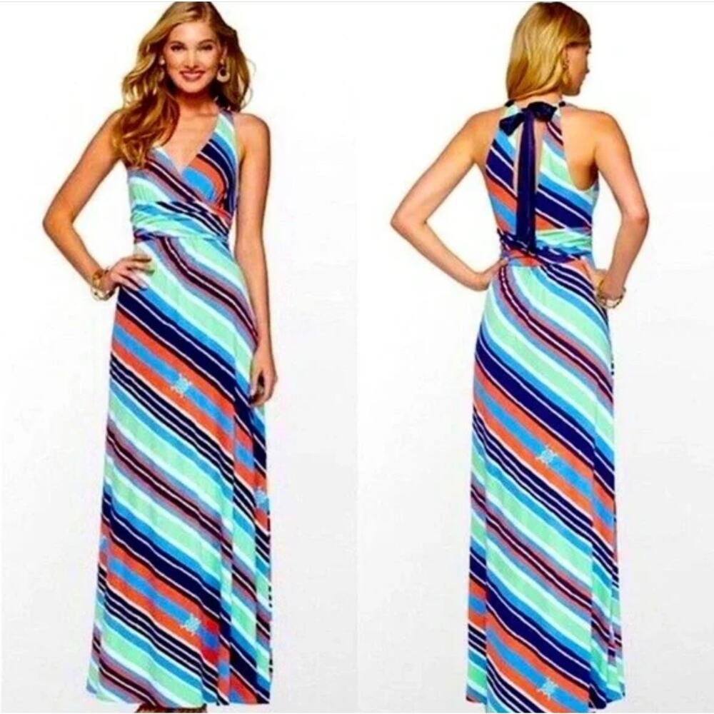 Lilly Pulitzer Striped Maxi Dress in Aqua, Navy & Coral